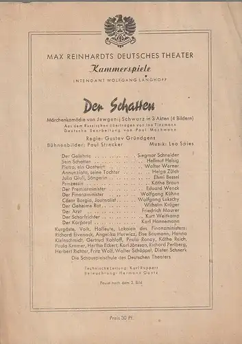 Max Reinhardts Deutsches Theater Kammerspiele, Wolfgang Langhoff: Theaterzettel Jewgenij Schwarz DER SCHATTEN Märchenkomödie. 