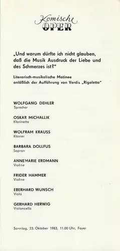 Komische Oper Berlin, Joachim Großkreutz: Programmheft LITERARISCH - MUSIKALISCHE MATINEE  23. Oktober 1983 Foyer Komische Oper. 