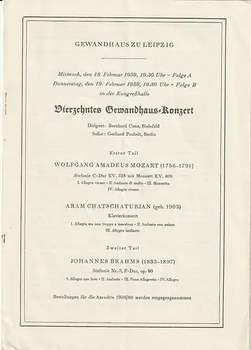 Gewandhaus zu Leipzig: Programmheft VIERZEHNTES GEWANDHAUS-KONZERT 18. + 19. Februar 1959 Kongreßhalle Leipzig. 