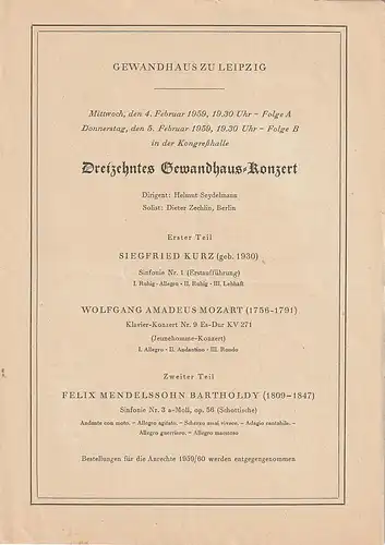 Gewandhaus zu Leipzig: Programmheft DREIZEHNTES GEWANDHAUS-KONZERT 04. + 05. Februar 1959 Kongreßhalle Leipzig. 