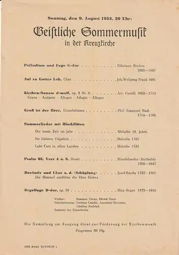 Kreuzkirche Dresden: Theaterzettel GEISTLICHE SOMMERMUSIK IN DER KREUZKIRCHE 9. August 1953. 