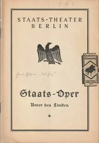 Staats-Theater Berlin, Staats-Oper Unter den Linden, Heinz Tietjen: Programmheft Hans Pfitzner DAS HERZ 8. Dezember 1931 Wilhelm Furtwängler. 