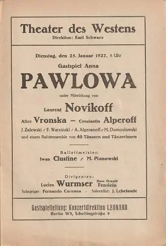 Theater des Westens, Emil Schwarz, Konzertdirektion Leonard: Programmheft GASTSPIEL ANNA PAWLOWA 25. Januar 1927. 