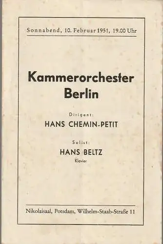 Rat der Landehauptstadt Potsdam Amt für Volksbildung: Programmheft KAMMERORCHESTER BERLIN 10. Februar 1951 Nikolaisaal Potsdam. 