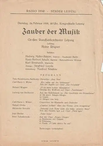 Radio DDR - Sender Leipzig: Theaterzettel ZAUBER DER MUSIK 24. Februar 1959 Kongreßhalle Leipzig. 