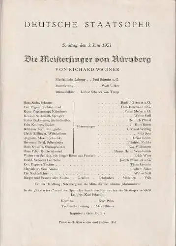 Deutsche Staatsoper: Programmheft Richard Wagner DIE MEISTERSINGER VON NÜRNBERG 03. Juni 1951  Deutsche Staatsoper. 