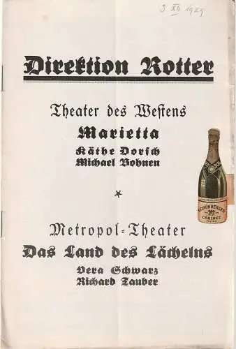 Direktion Rotter, Theater des Westens: Programmheft Oscar Straus MARIETTA 3. Dezember 1929. 