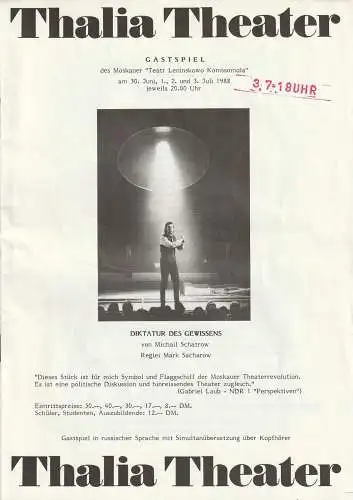 Thalia Theater: Programmheft Michail Schatrow DIKTATUR DES GEWISSENS 30. Juni bis 3. Juli 1988 Gastspiel Moskauer Teatr Leninskowo Komssomola. 