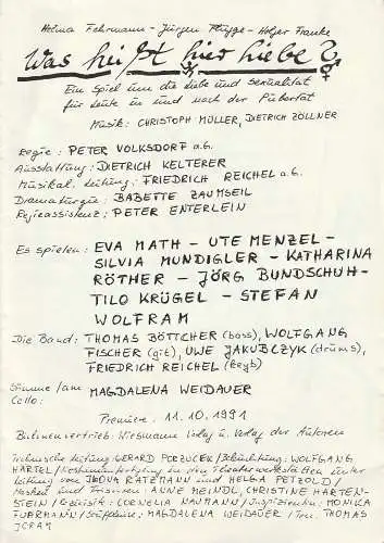 Theater der Stadt Plauen, Dieter Roth, Babette Zaumseil: Programmheft WAS HEIßT HIER LIEBE ? Premiere 11. Oktober 1991 Spielzeit 1991 / 92 Nr. 2. 