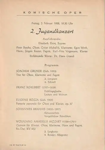 Komische Oper Berlin: Theaterzettel 2. JUGENDKONZERT 2. Februar 1968 Spielzeit 1967 / 68. 