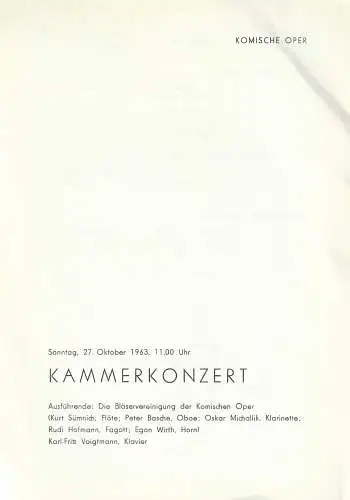 Komische Oper Berlin: Theaterzettel KAMMERKONZERT 27. Oktober 1963 Komische Oper Berlin. 