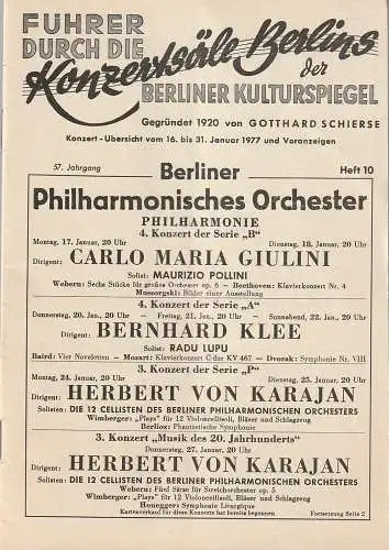Berliner Kulturspiegel, Berliner Konzert- und Theater-Reklame: Führer durch die Konzertsäle Berlins 16. bis 31 Januar 1977 57. Jahrgang Heft 10. 