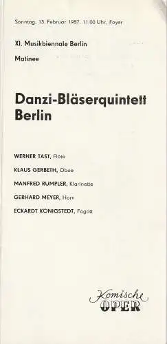 Komische Oper Berlin, Gerhard Müller, Frank Schneider: Programmheft Matinee DANZI - BLÄSERQUINTETT BERLIN 15. Februar 1987 Foyer Komische Oper Spielzeit 1986 / 87 XI. Musikbiennale Berlin. 