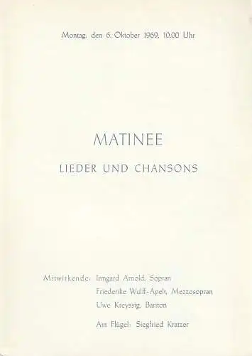 Komische Oper Berlin: Programmheft MATINEE LIEDER UND CHANSONS 6. Oktober 1969 Spielzeit 1969 / 70. 