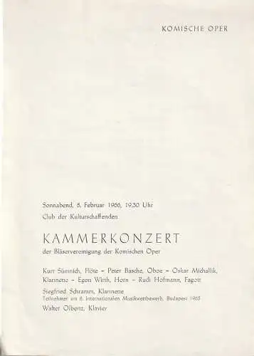 Komische Oper Berlin: Theaterzettel KAMMERKONZERT DER BLÄSERVEREINIGUNG DER KOMISCHEN OPER 5. Februar 1966 Club der Kulturschaffenden Spielzeit 1965 / 66. 