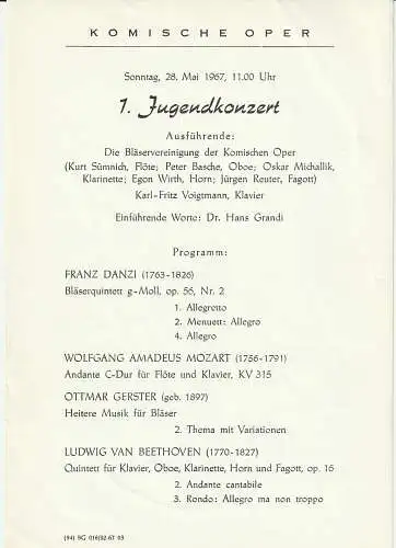Komische Oper Berlin: Theaterzettel 1. JUGENDKONZERT 28. Mai 1967  Komische Oper Berlin Spielzeit 1966 / 67. 