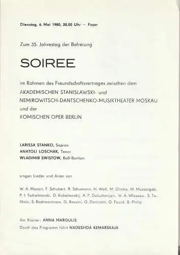 Komische Oper Berlin: Theaterzettel SOIREE Zum 35. JAHRESTAG DER BEFREIUNG 6. Mai 1980 Foyer Komische Oper  Spielzeit 1979 / 80. 