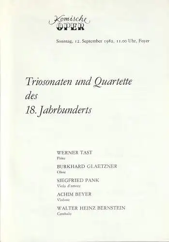 Komische Oper Berlin: Theaterzettel TRIOSONATEN UND QUARTETTE DES 18. JAHRHUNDERTS 12. September 1882 Foyer Komische Oper  Spielzeit 1982 / 83. 