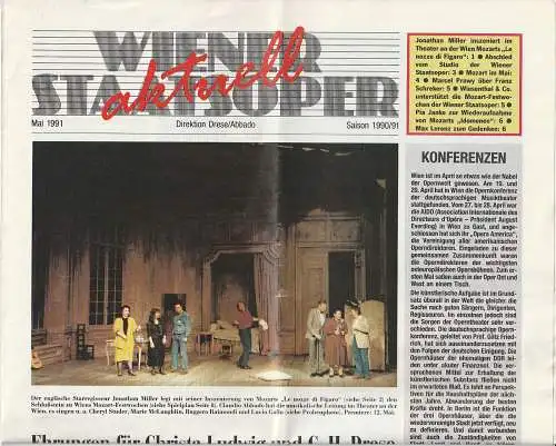 Wiener Staatsoper, Gotthard Böhm, Ingeborg Mosnicka, Pia Janke, Richard Bletschacher: WIENER STAATSOPER AKTUELL MAI 1991 SAISON 1990 / 91 Direktion Drese / Abbado. 