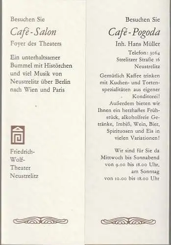 Friedrich-Wolf-Theater Neustrelitz/Mecklenburg, Im Auftrag der Intendanz, Ulrike Pörner, Klaus Weindich: Programmheft CAFE- SALON TIF Theater im Foyer Programmheft Nr. 18  1990. 