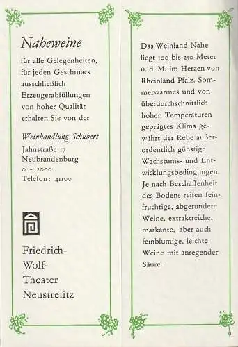Friedrich-Wolf-Theater Neustrelitz/Mecklenburg, Im Auftrag der Intendanz, Michael Giebler, Klaus Weindisch: Programmheft WEIN, WEIB UND GESANG  TIF Theater im Foyer Programmheft Nr. 24  1990. 