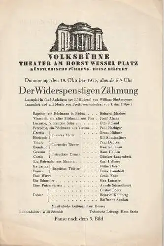 Volksbühne Theater am Horst Wessel Platz, Heinz Hilpert, Alfred Jbach: Programmheft William Shakespeare DER WIDERSPENSTIGEN ZÄHMUNG 19. Oktober 1933. 