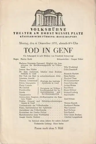 Volksbühne Theater am Horst Wessel Platz, Heinz Hilpert, Alfred Jbach: Programmheft Friedrich Schreyvogel TOD IN GENF 4. Dezember 1933. 