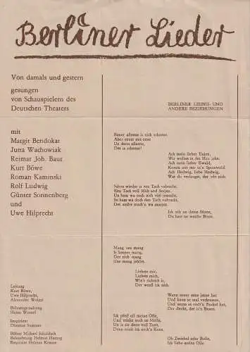 Deutsches Theater Berlin / Staatstheater der DDR, Dieter Mann, Alexander Weigel, Heint Rohloff: Theaterzettel  BERLINER LIEDER von damals und gestern  104. Spielzeit 1986 / 87. 