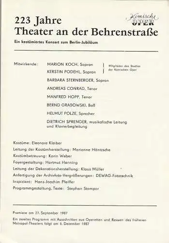 Komische Oper Berlin: Programmheft 223 JAHRE THEATER AN DER BEHRENSTRAßE Premiere 27. September 1987. 