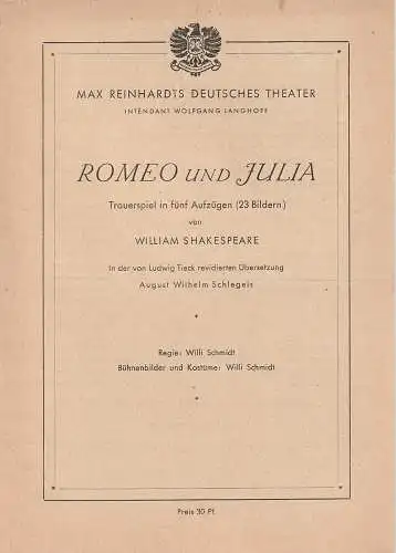 Max Reinhardts Deutsches Theater, Wolfgang Langhoff: Programmheft William Shakespeare ROMEO UND JULIA. 