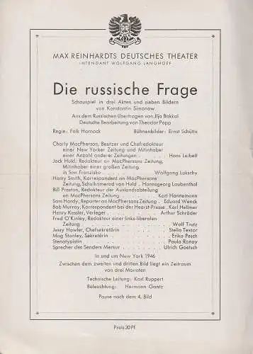 Max Reinhardts Deutsches Theater, Wolfgang Langhoff: Programmheft Konstantin Simonow DIE RUSSISCHE FRAGE. 