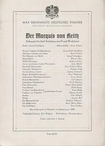 Max Reinhardts Deutsches Theater, Wolfgang Langhoff: Programmheft Frank Wedekind DER MARQUIS VON KEITH. 