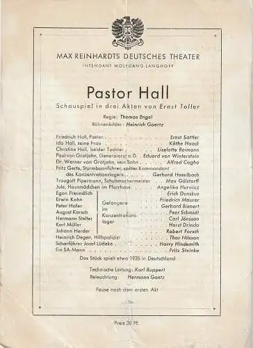 Max Reinhardts Deutsches Theater, Wolfgang Langhoff: Programmheft Ernst Toller PASTOR HALL. 