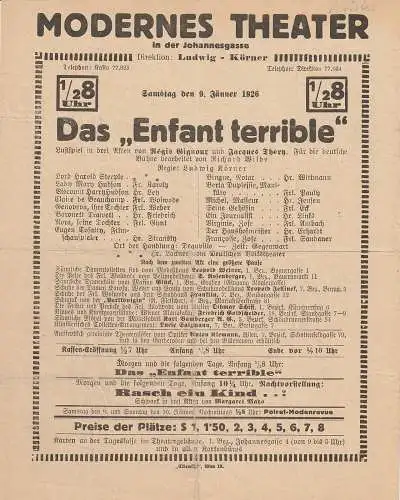 Modernes Theater in der Johannesgasse, Ludwig Körner: Theaterzettel Regis Gignoux / Jacques Thery DAS ENFANT TERRIBLE 9. Jänner 1926. 