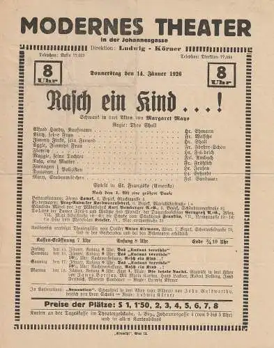 Modernes Theater in der Johannesgasse, Ludwig Körner: Theaterzettel Margaret Mayo RASCH EIN KIND ! 14. Jänner 1926. 