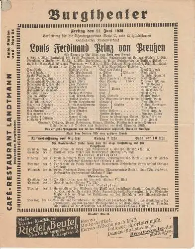 Burgtheater Wien: Theaterzettel LOUIS FERDINAND PRINZ VON PREUßEN 11. Juni 1926. 