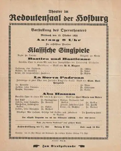 Theater im Redoutensaal der Hofburg: Theaterzettel KLASSISCHE SINGSPIELE 15. Oktober 1924 Vorstellung des Operntheaters. 