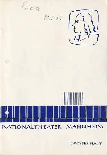 Nationaltheater Mannheim, Ernst Dietz, Peter Stolzenberg, Marlis Stegh: Programmheft Gaetano Donizetti LUCIA DI LAMMERMOOR 23. März 1964 Spielzeit 1963 / 64 Heft 16. 