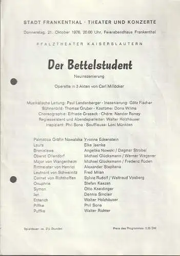 Stadt Frankenthal, Theater und Konzerte, Feierabendhaus Frankenthal: Programmheft Carl Millöcker DER BETTELSTUDENT 21. Oktober 1976 Feierabendhaus Frankenthal. 