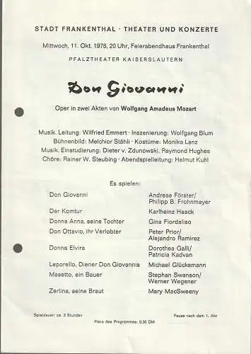 Stadt Frankenthal, Theater und Konzerte, Feierabendhaus Frankenthal: Programmheft Wolfgang Amadeus Mozart DON GIOVANNI 11. Oktober 1978 Feierabendhaus Frankenthal. 