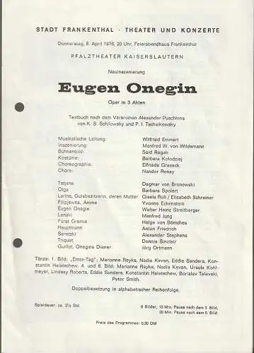 Stadt Frankenthal, Theater und Konzerte, Feierabendhaus Frankenthal: Programmheft Peter I. Tschaikowsky EUGEN ONEGIN 8. April 1976 Feierabendhaus Frankenthal. 