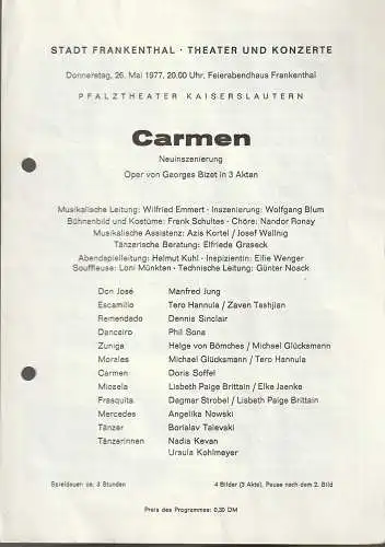 Stadt Frankenthal, Theater und Konzerte, Feierabendhaus Frankenthal: Programmheft Georges Bizet CARMEN 26. Mai 1977 Feierabendhaus Frankenthal. 