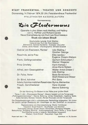 Stadt Frankenthal, Theater und Konzerte, Feierabendhaus Frankenthal: Programmheft Johann Strauß DIE FLEDERMAUS 14. Februar 1974 Feierabendhaus Frankenthal. 