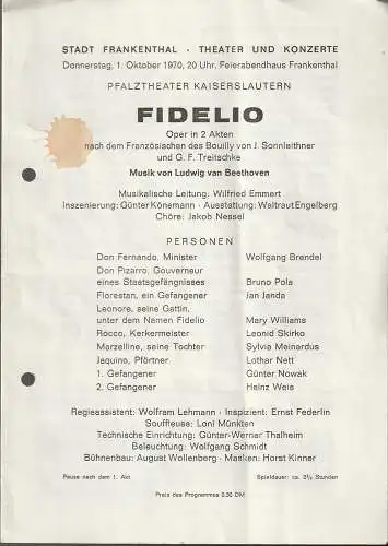 Stadt Frankenthal, Theater und Konzerte, Feierabendhaus Frankenthal: Programmheft Ludwig van Beethoven FIDELIO 1. Oktober 1970 Feierabendhaus Frankenthal. 