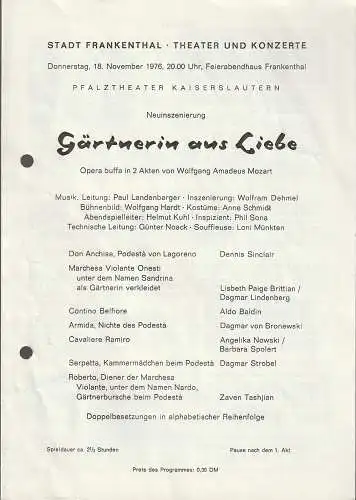 Stadt Frankenthal, Theater und Konzerte, Feierabendhaus Frankenthal: Programmheft Wolfgang Amadeus Mozart GÄRTNERIN AUS LIEBE 18. November 1976 Feierabendhaus Frankenthal. 