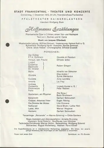 Stadt Frankenthal, Theater und Konzerte, Feierabendhaus Frankenthal: Programmheft Jacques Offenbach HOFFMANNS ERZÄHLUNGEN 7. Dezember 1972 Feierabendhaus Frankenthal. 