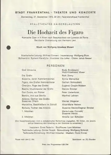 Stadt Frankenthal, Theater und Konzerte, Feierabendhaus Frankenthal: Programmheft Wolfgang Amadeus Mozart DIE HOCHZEIT DES FIGARO 27. September 1973 Feierabendhaus Frankenthal. 