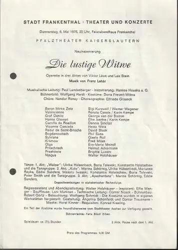 Stadt Frankenthal, Theater und Konzerte, Feierabendhaus Frankenthal: Programmheft Franz Lehar DIE LUSTIGE WITWE 6. Mai 1976 Feierabendhaus Frankenthal. 