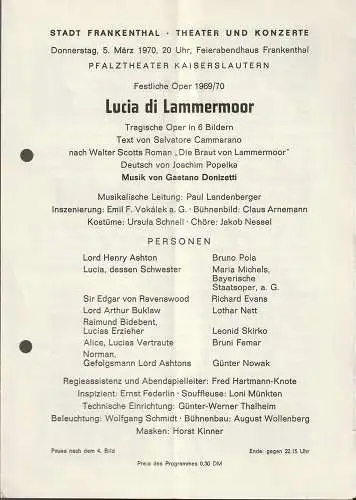 Stadt Frankenthal, Theater und Konzerte, Feierabendhaus Frankenthal: Programmheft Gaetano Donizetti LUCIA DI LAMMERMOOR 5. März 1970 Festliche Oper 1969 / 70 Feierabendhaus Frankenthal. 