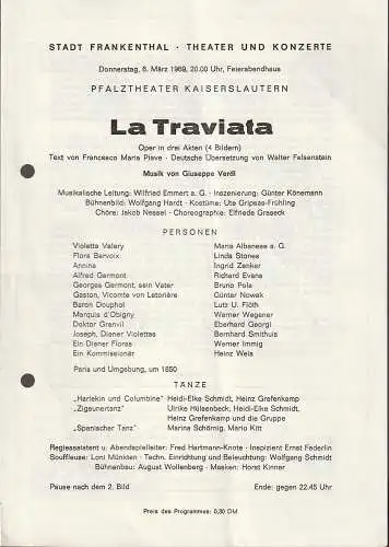 Stadt Frankenthal, Theater und Konzerte, Feierabendhaus Frankenthal: Programmheft Giuseppe Verdi LA TRAVIATA 6. März 1969 Feierabendhaus Frankenthal. 